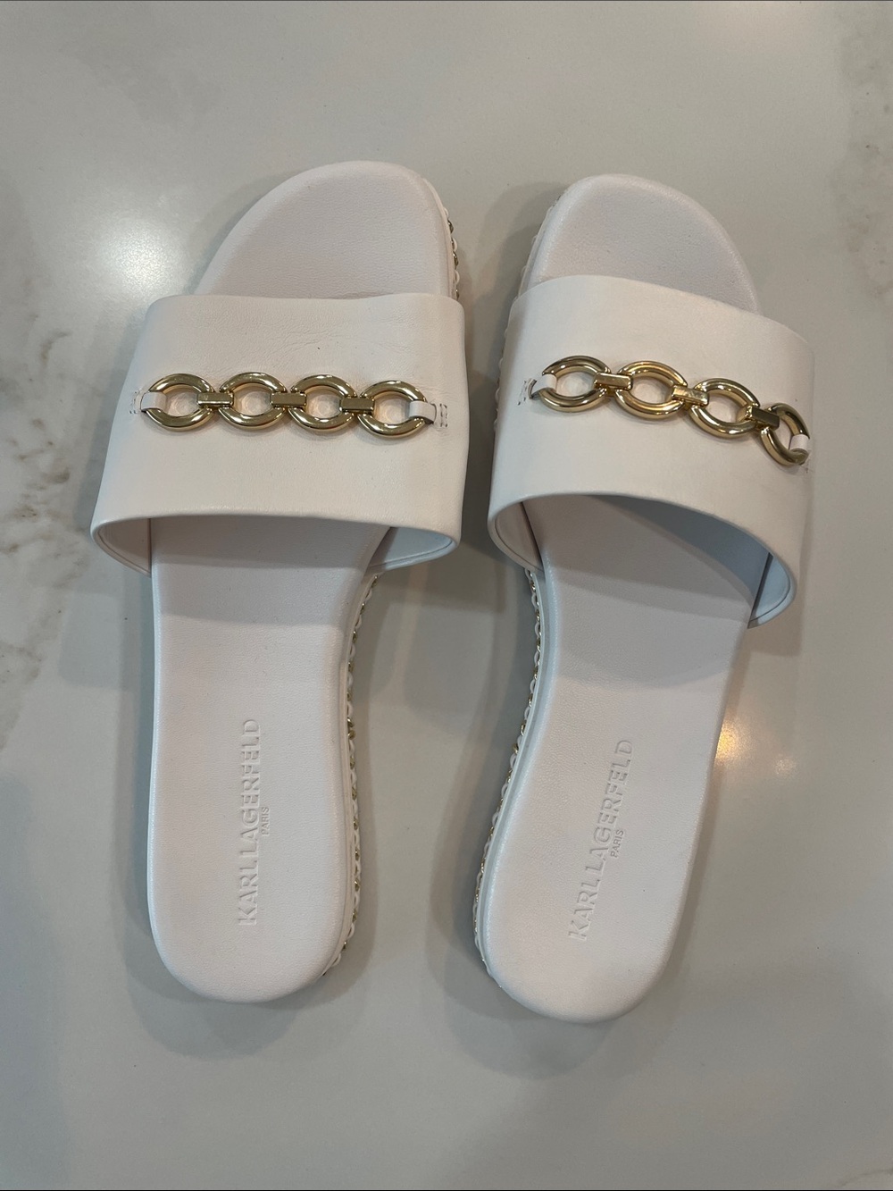 Karl Lagerfeld White Slide Sandals with Gold Chain Detail
